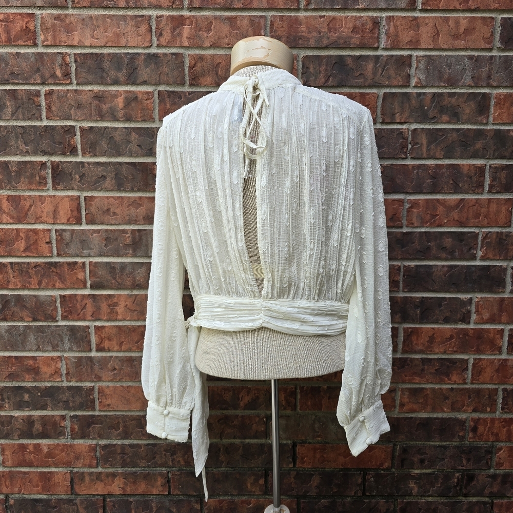 ASOS DESIGN Top High Neck Sheer Boho Textured Cream Material Tie Size 8 - Picture 4 of 16